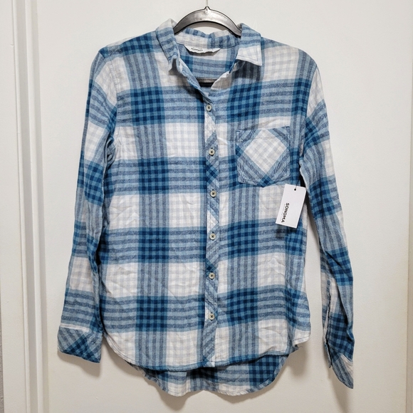 Womens Sonoma Supersoft Flannel Button Down Plaid Blue Long Sleeve Shirt NWT - S - Picture 1 of 8